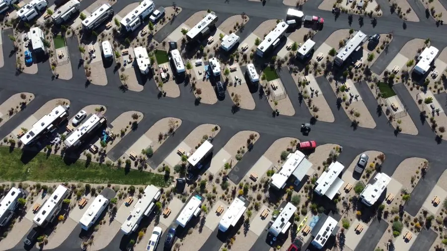 High-angle view of an RV park with motorhomes and towables in marked sites