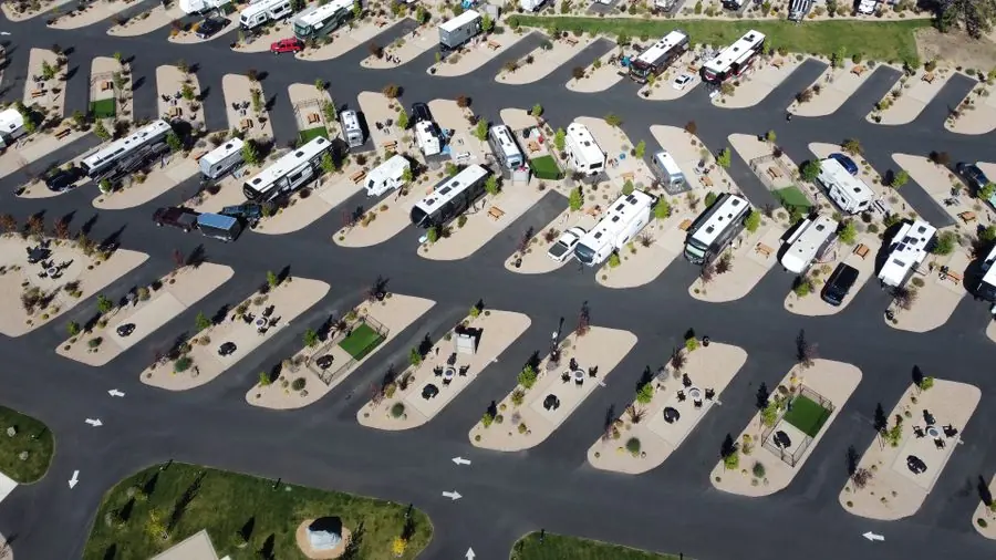 Aerial view of rows of motorhomes and travel trailers parked at an RV resort